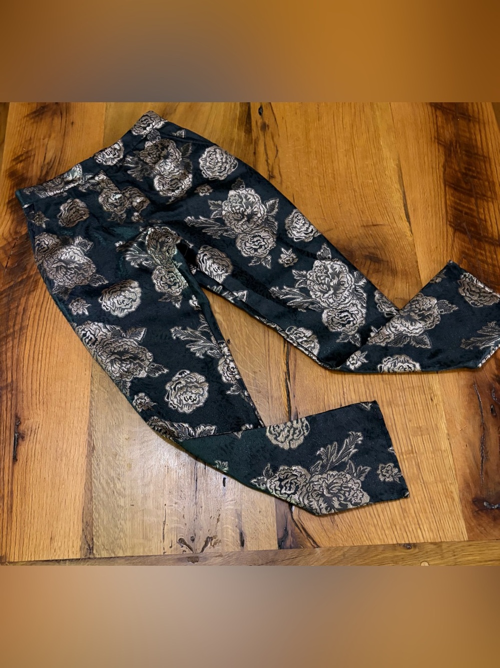 Sage The Label Black Pants With Metallic Floral Brocade, Size XS